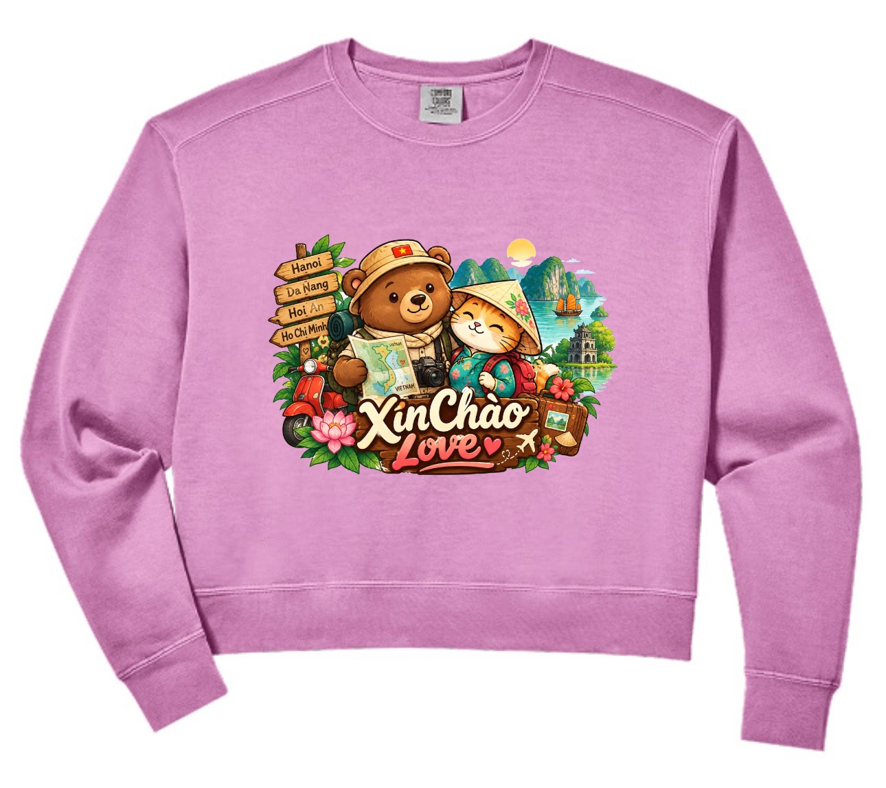 XinChao.Asia Vietnam Travel Crop Sweatshirt Cute Cat & Bear