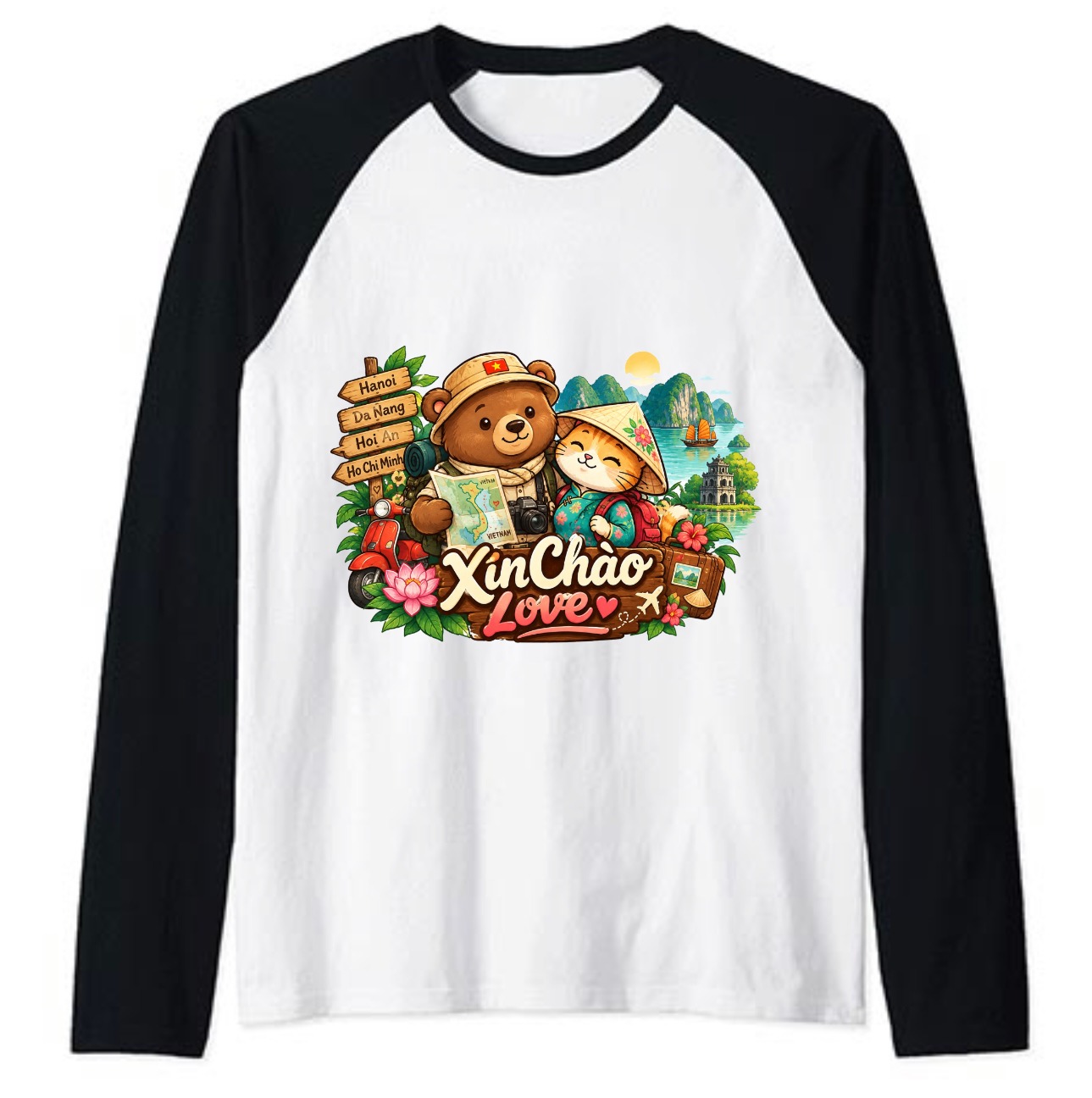 XinChao.Asia Vietnam Travel Cute Cat Bear Raglan T-Shirt