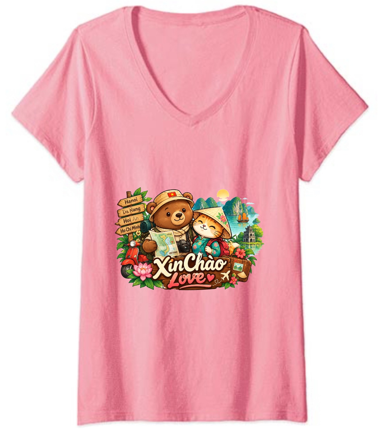 XinChao.Asia Vietnam Travel Cat V-Neck T-Shirt Cute Adventure