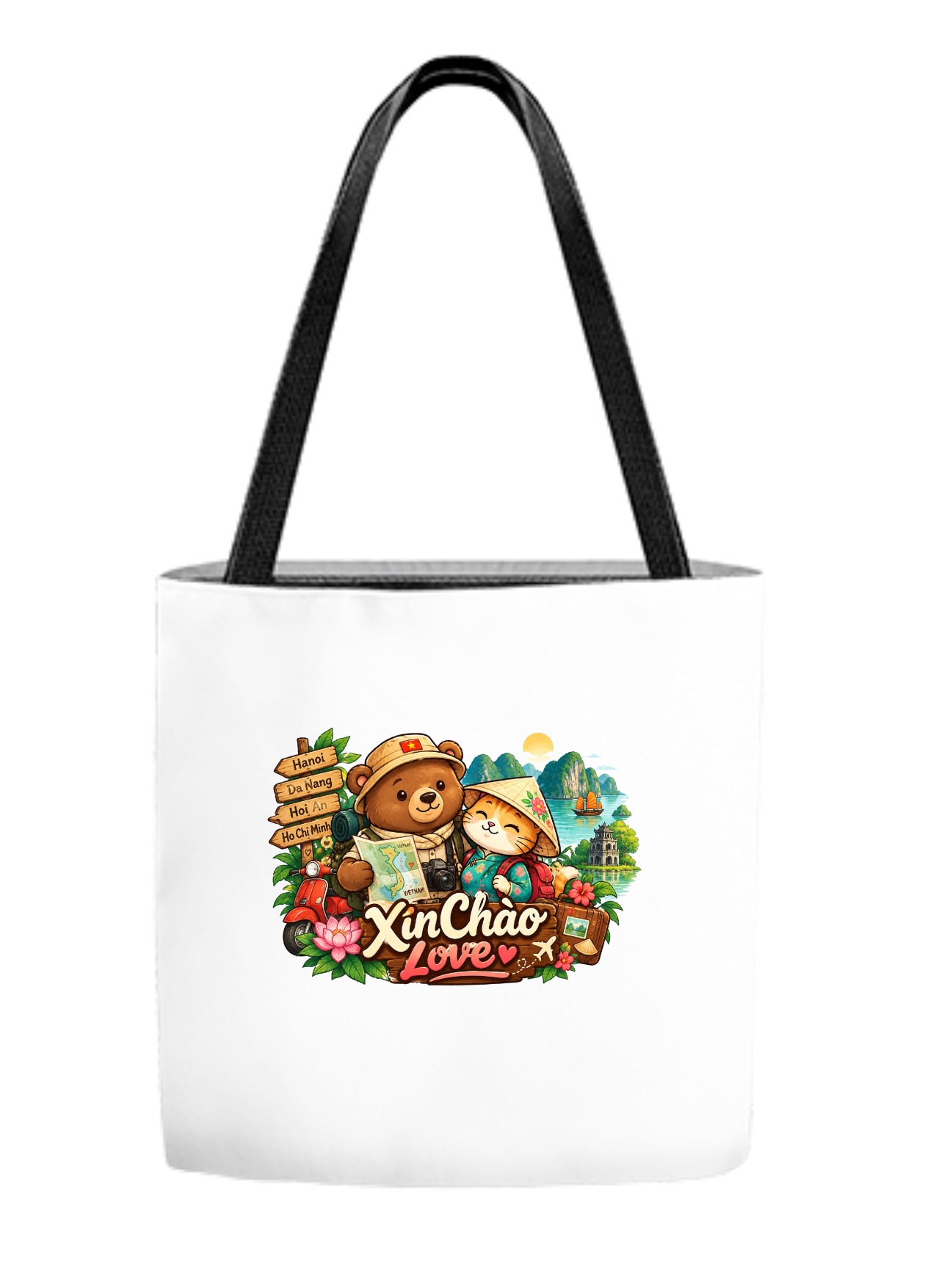 XinChao.Asia Vietnam Travel Cute Cat & Bear Canvas Tote Bag