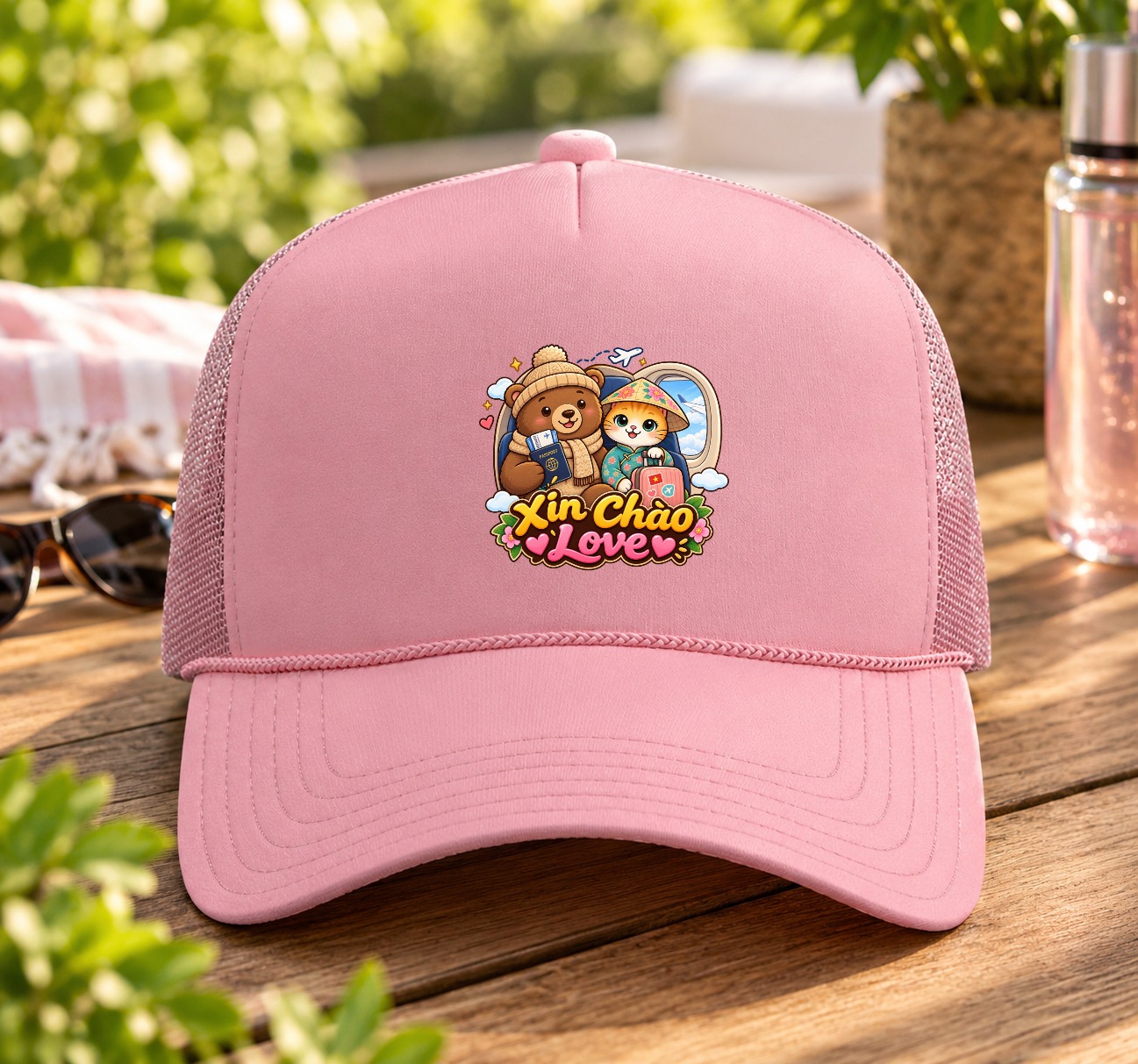 Cute Cat & Bear Trucker Hat - Vietnam Travel Graphic Mesh Snapback