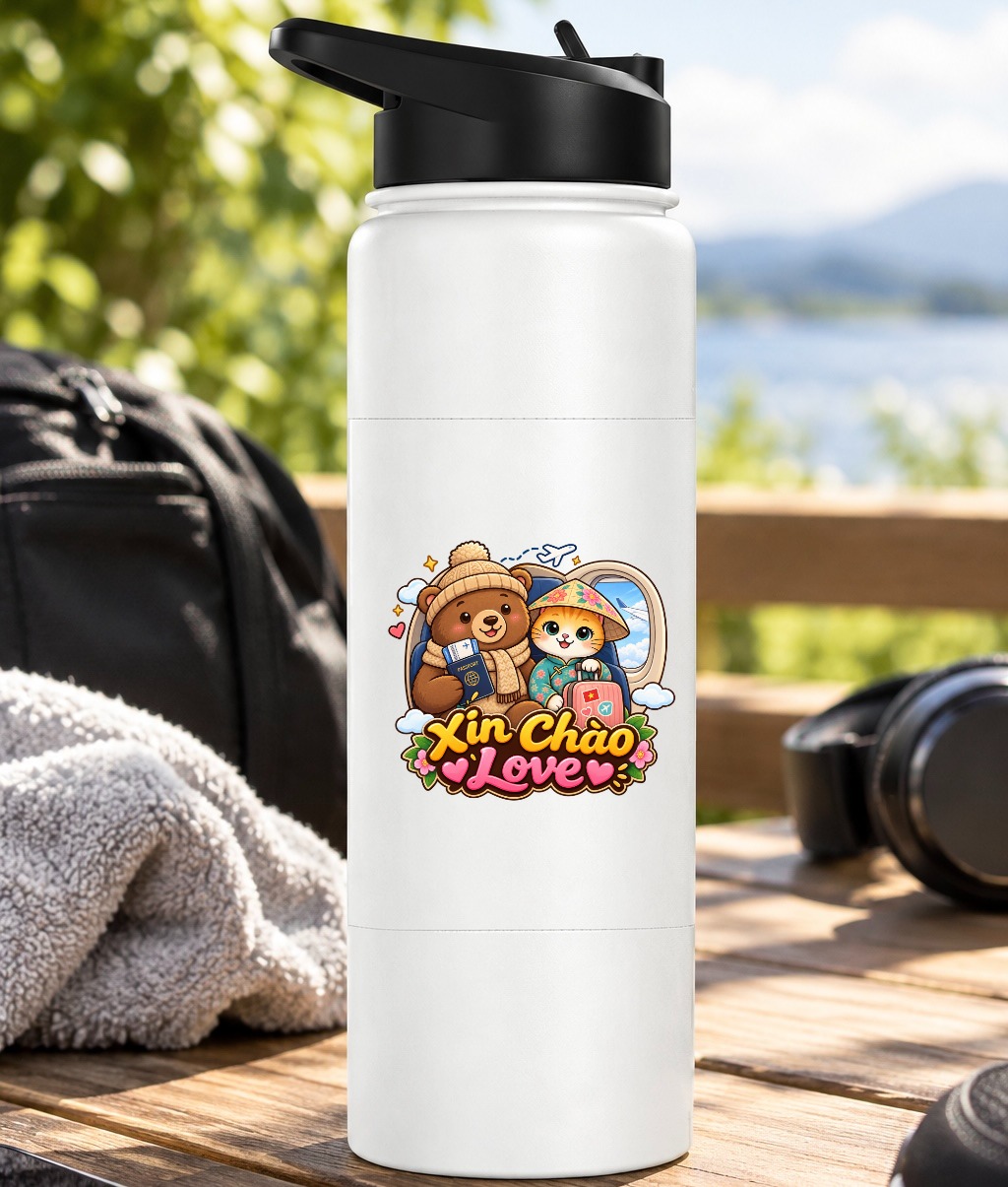 XinChao.Asia Cute Vietnam Travel Water Bottle With Cat and Bear