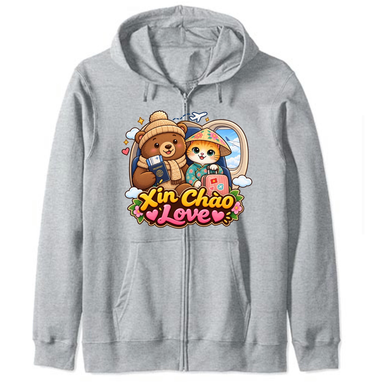 XinChao.Asia Cute Vietnam Travel Zip Hoodie for Animal Lovers