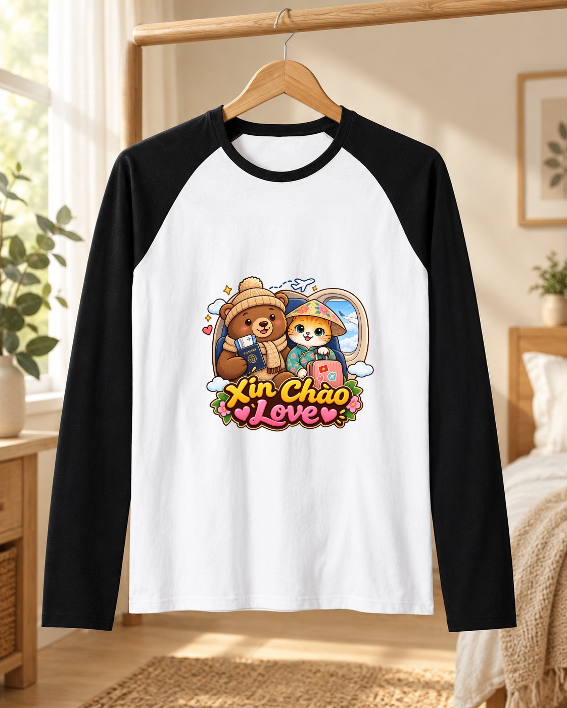 Cute Vietnam Travel Animals Raglan Shirt - XinChao.Asia Cat & Bear Tee