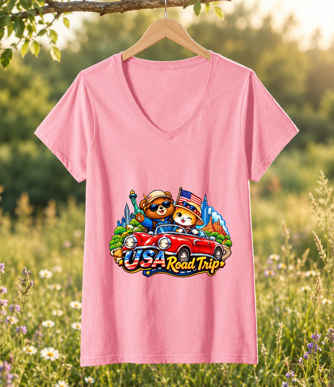USA Road Trip V-Neck T-Shirt: Cute Travel Cat & Bear Tee