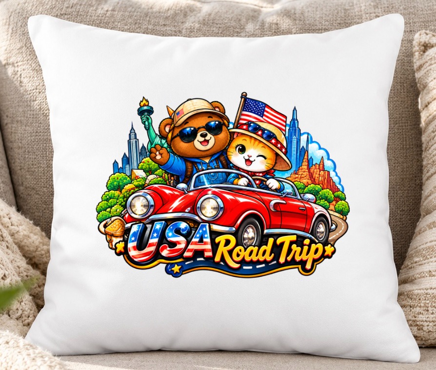 USA Road Trip Throw Pillow | Cute Travel Cat & Bear Decor