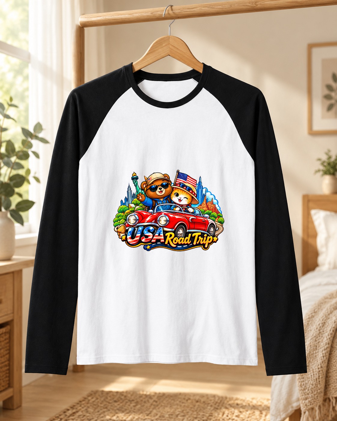 XinChao.Asia USA Road Trip Cat Bear Raglan Shirt