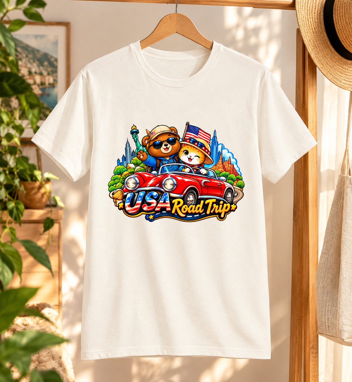 USA Road Trip Cute Travel Cat T-Shirt | XinChao.Asia