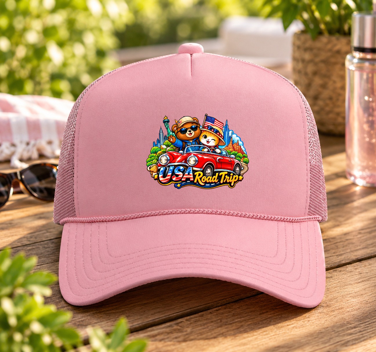 XinChao.Asia Travel Trucker Hat - Cute Cat & Bear USA Road Trip Cap