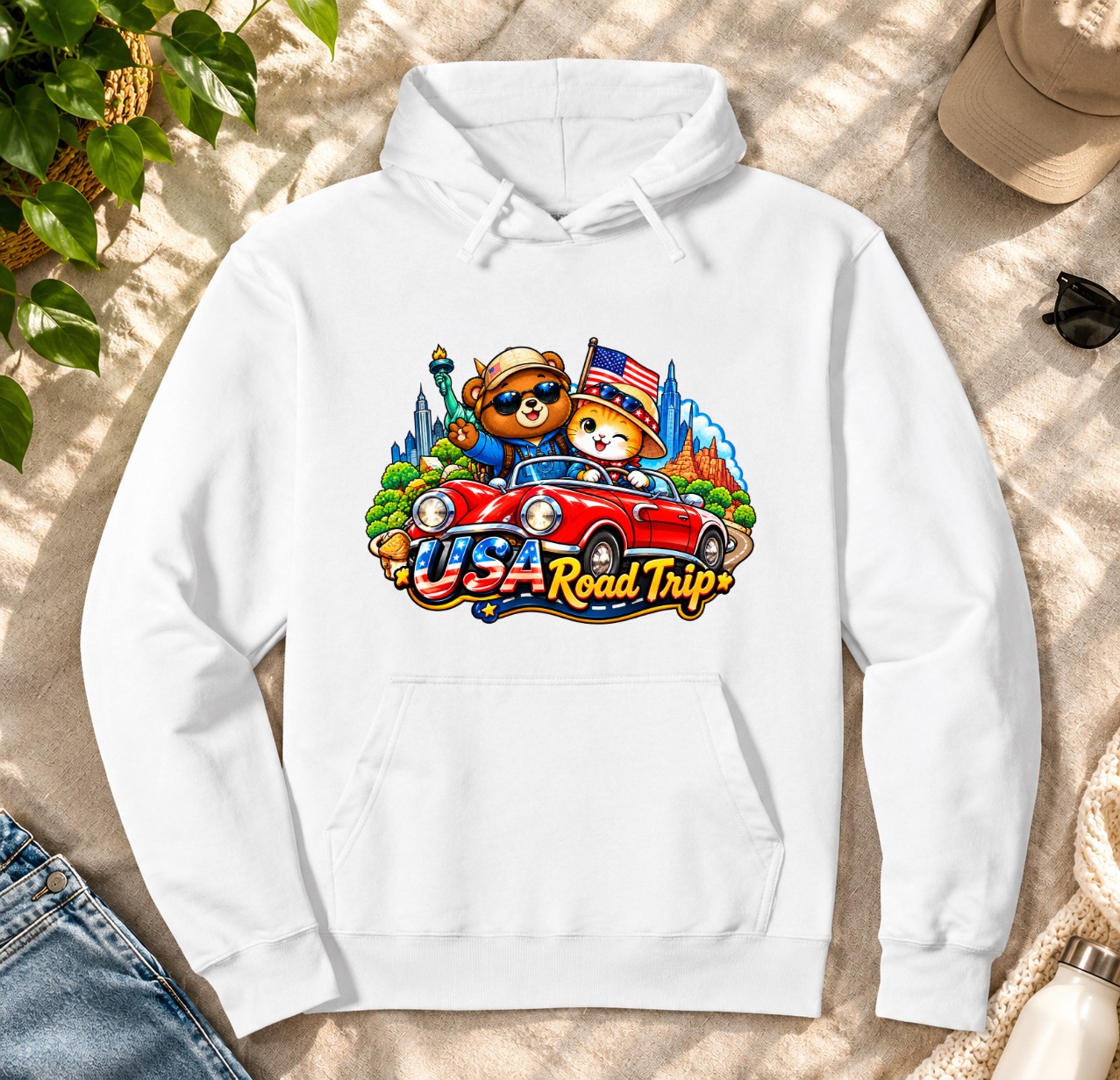 XinChao.Asia USA Road Trip Hoodie – Cute Animal Travel Sweatshirt