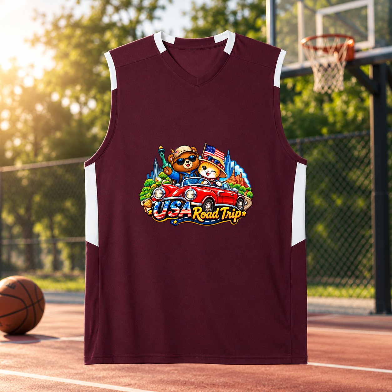 XinChao.Asia USA Road Trip Cat & Bear Basketball Jersey