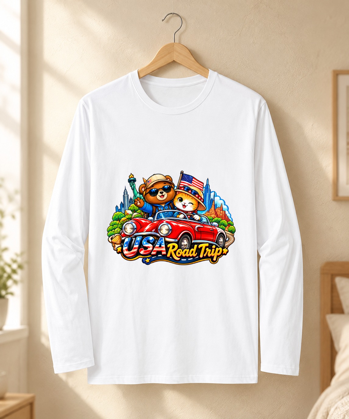 XinChao.Asia USA Road Trip Long Sleeve Travel Cat Shirt