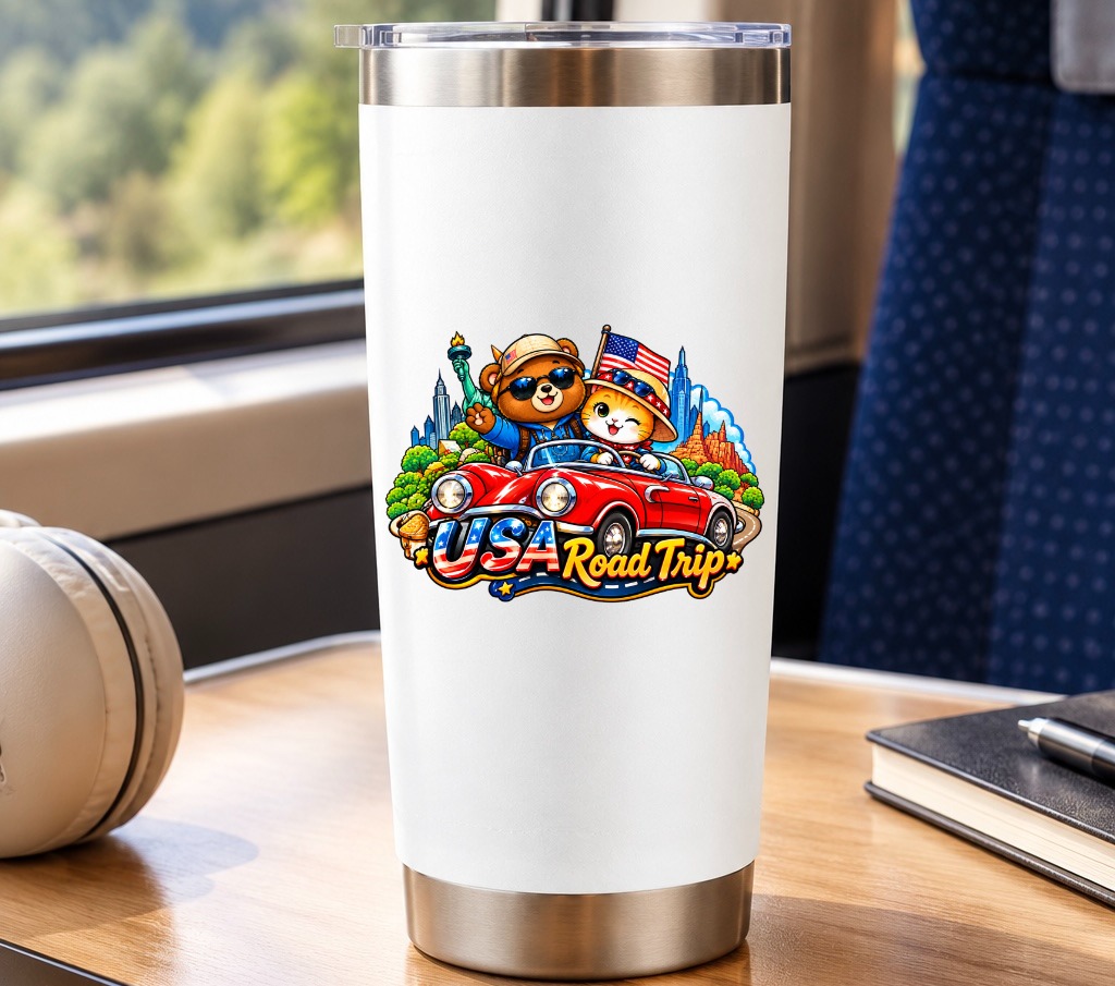 USA Road Trip Travel Tumbler | Cute Cat & Bear Drinkware