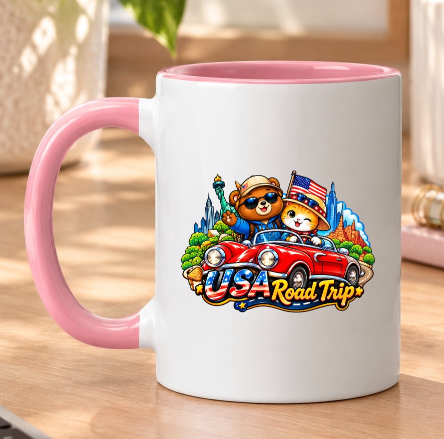 USA Road Trip Cat & Bear Ceramic Mug – Cute Travel Coffee Mug