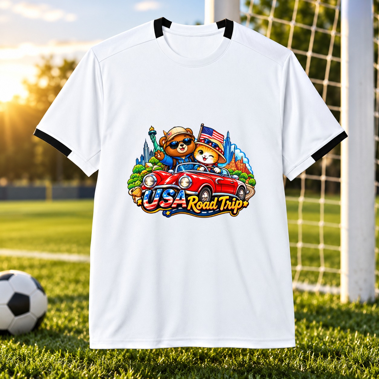 XinChao.Asia Animal Soccer Jersey USA Road Trip Travel Tee