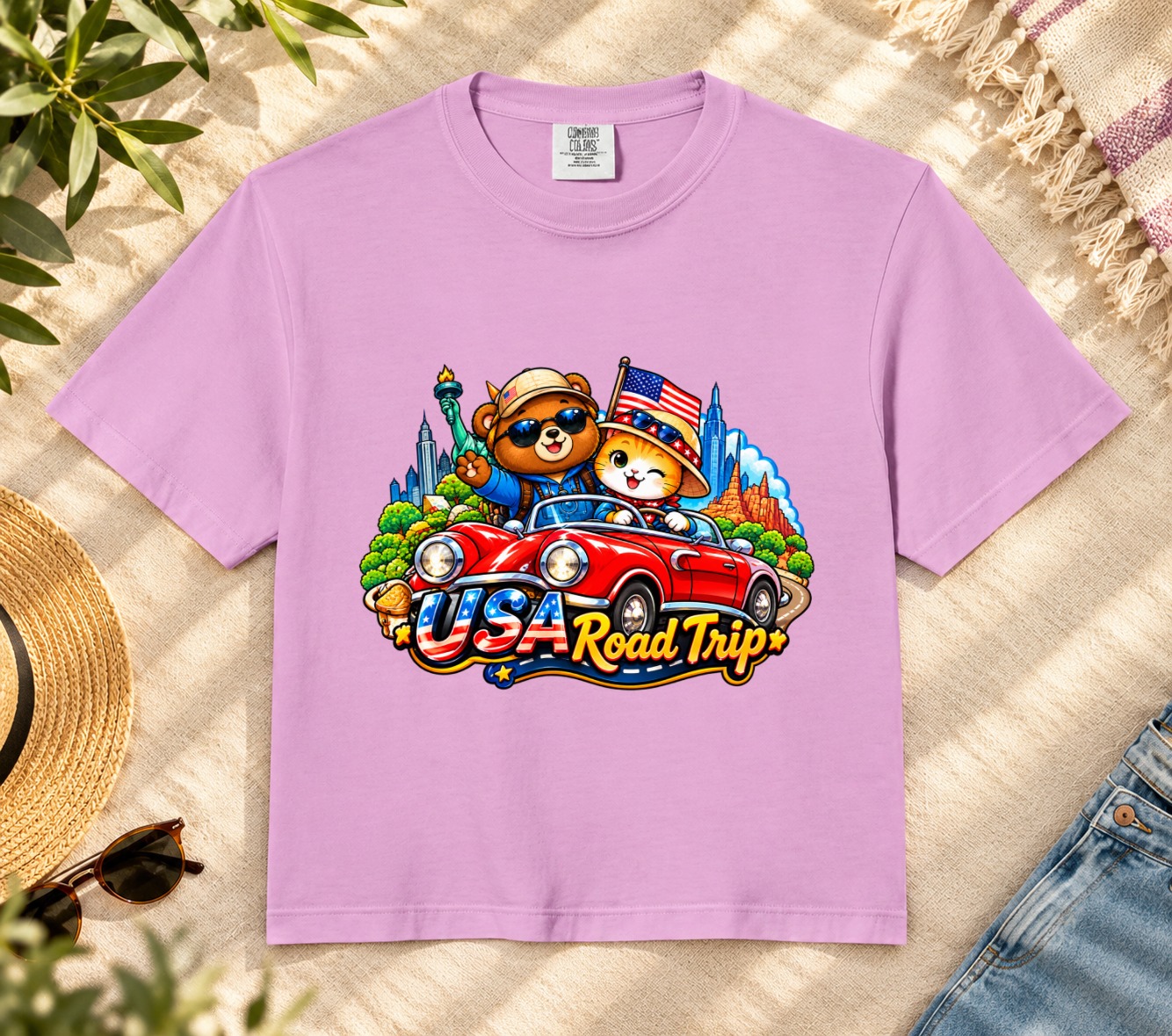 XinChao.Asia USA Road Trip Cat & Bear Crop Top