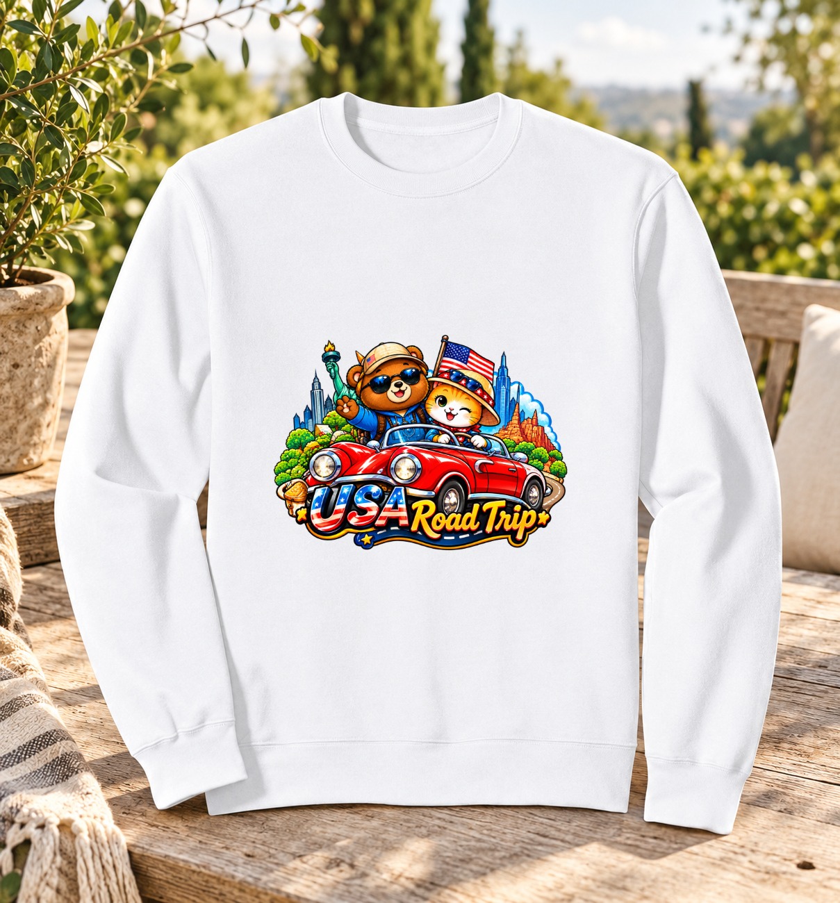 XinChao.Asia Travel Cat & Bear Sweatshirt - Cute USA Road Trip Top